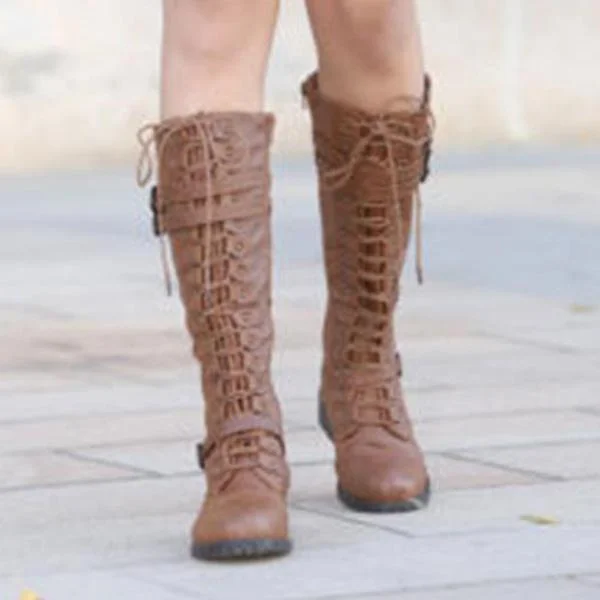 Autumn Winter Vintage Flat Lace Up Mid Calf Boots