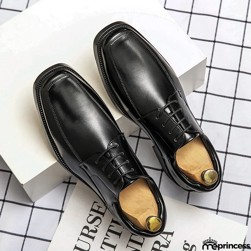 Men's Leather Square Toe Lace-Up Closure Plain Formal Wear Shoes