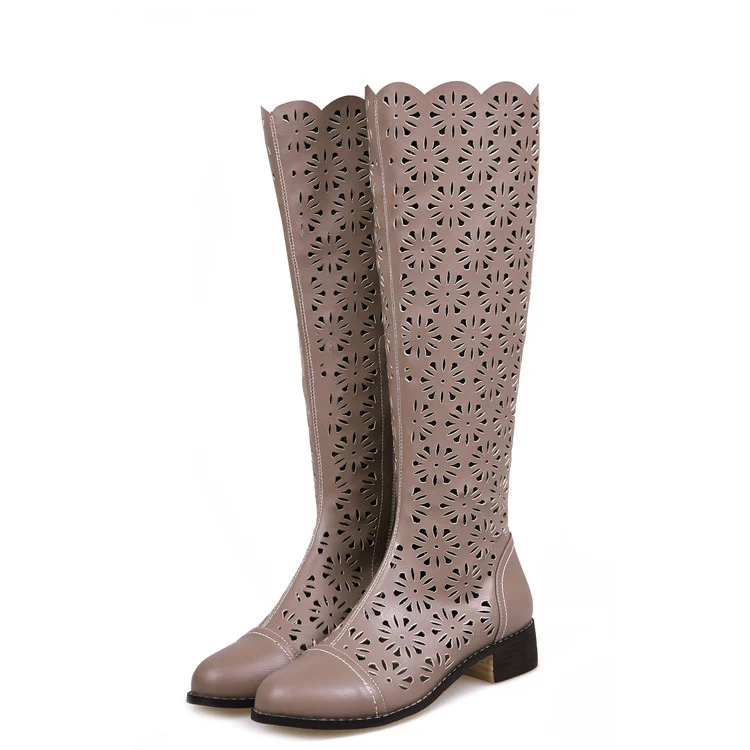 Brown Knee Boots Laser Cut Round Toe Vintage Summer Boots |FSJ Shoes