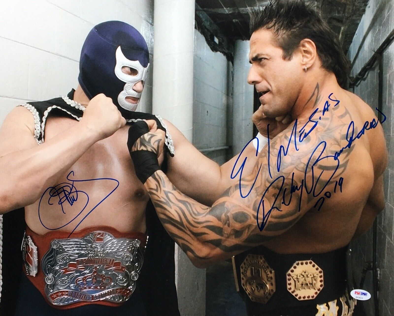 Blue Demon Jr. & El Mesias Signed 16x20 Photo Poster painting *Lucha Libre PSA 8A545254