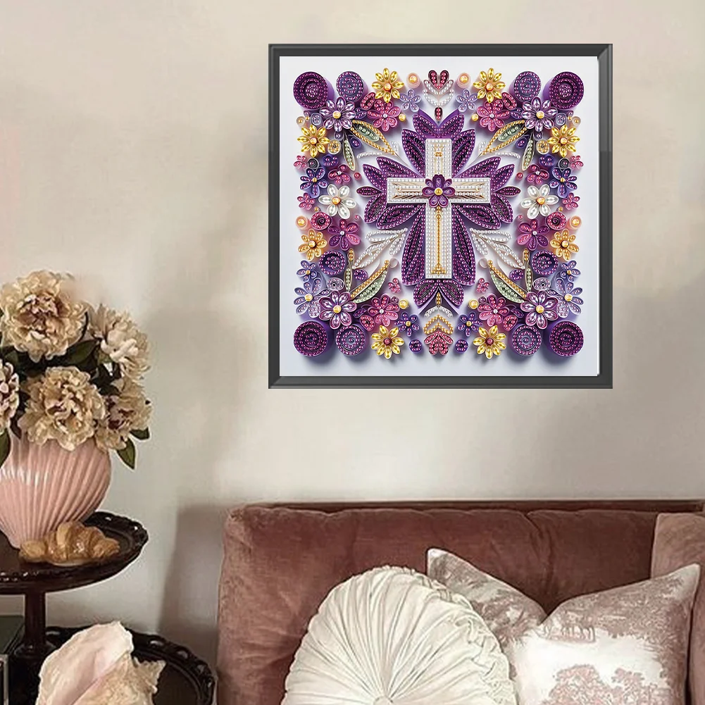 Diamond Painting - Partial Special Shaped Drill - Flower Cross(Canvas|30*30cm)