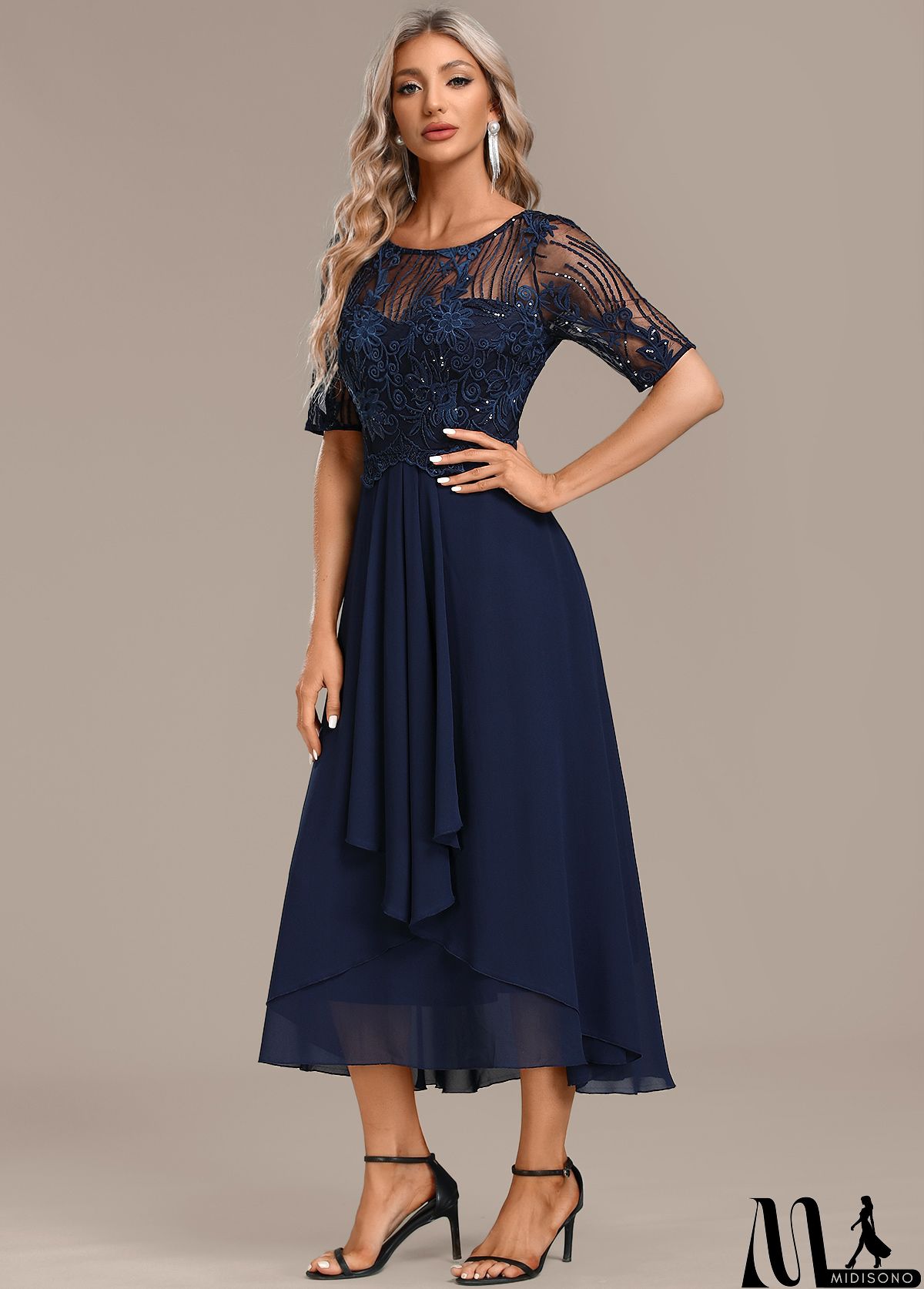 MidiSono - Navy Lace Short Sleeve Round Neck Dress