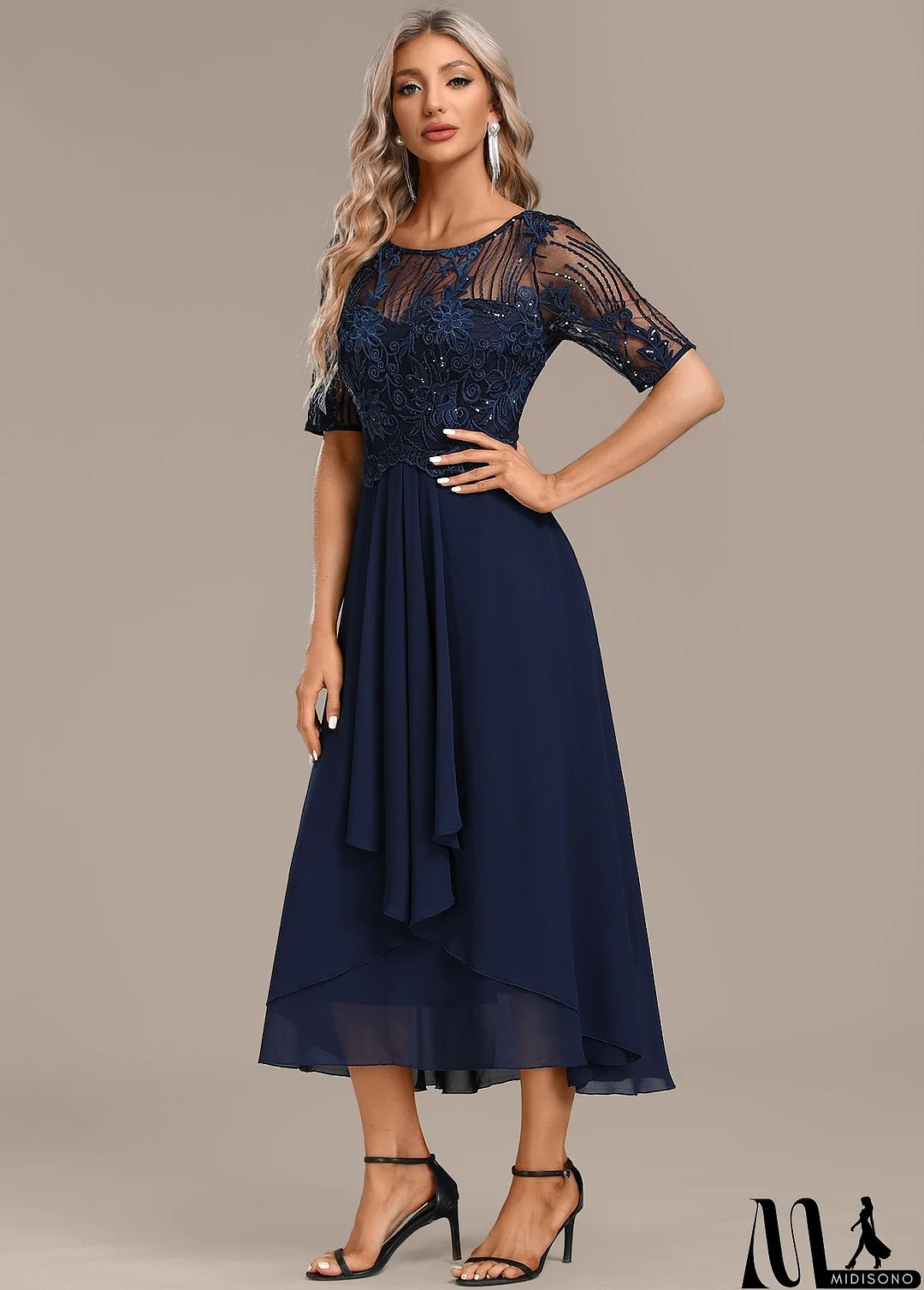 MidiSono - Navy Lace Short Sleeve Round Neck Dress