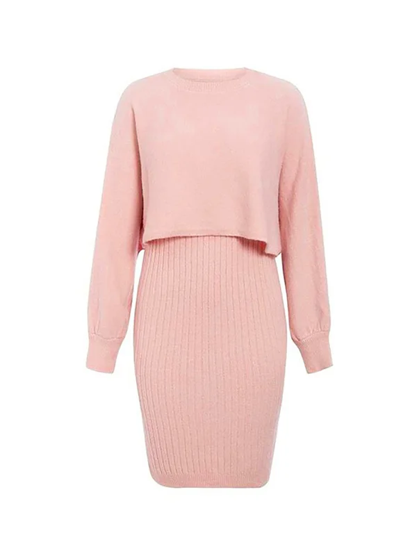 Long Sleeves Solid Color Round-Neck Sweater Top + Inner Dress Two Pieces Set