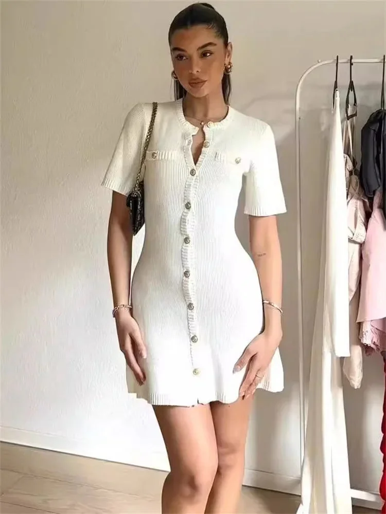 Toloer White Knit Short Sleeve Buttoned Mini Dress-Outfit Ideas