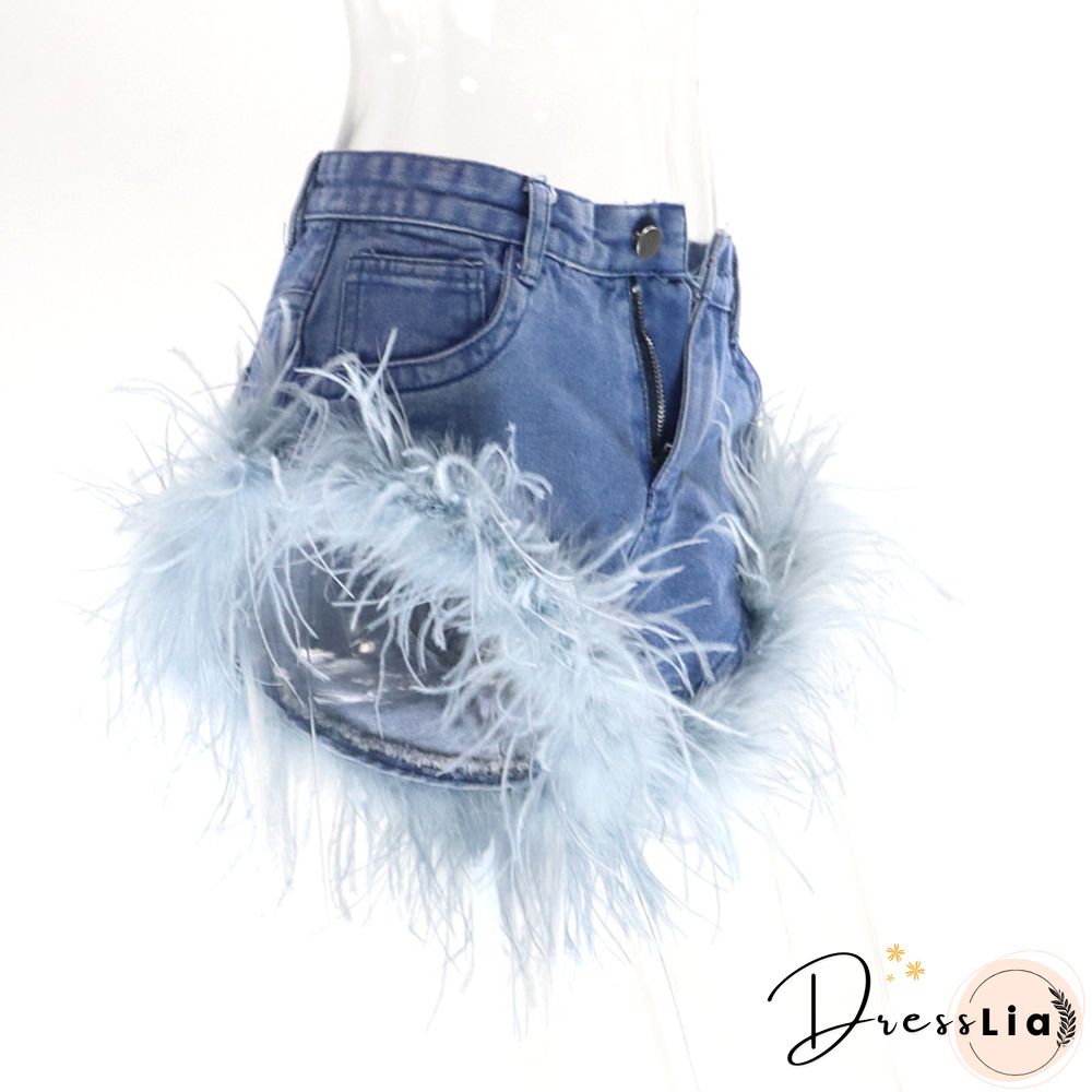 High Waist Feather Fur Patchwork Denim Shorts