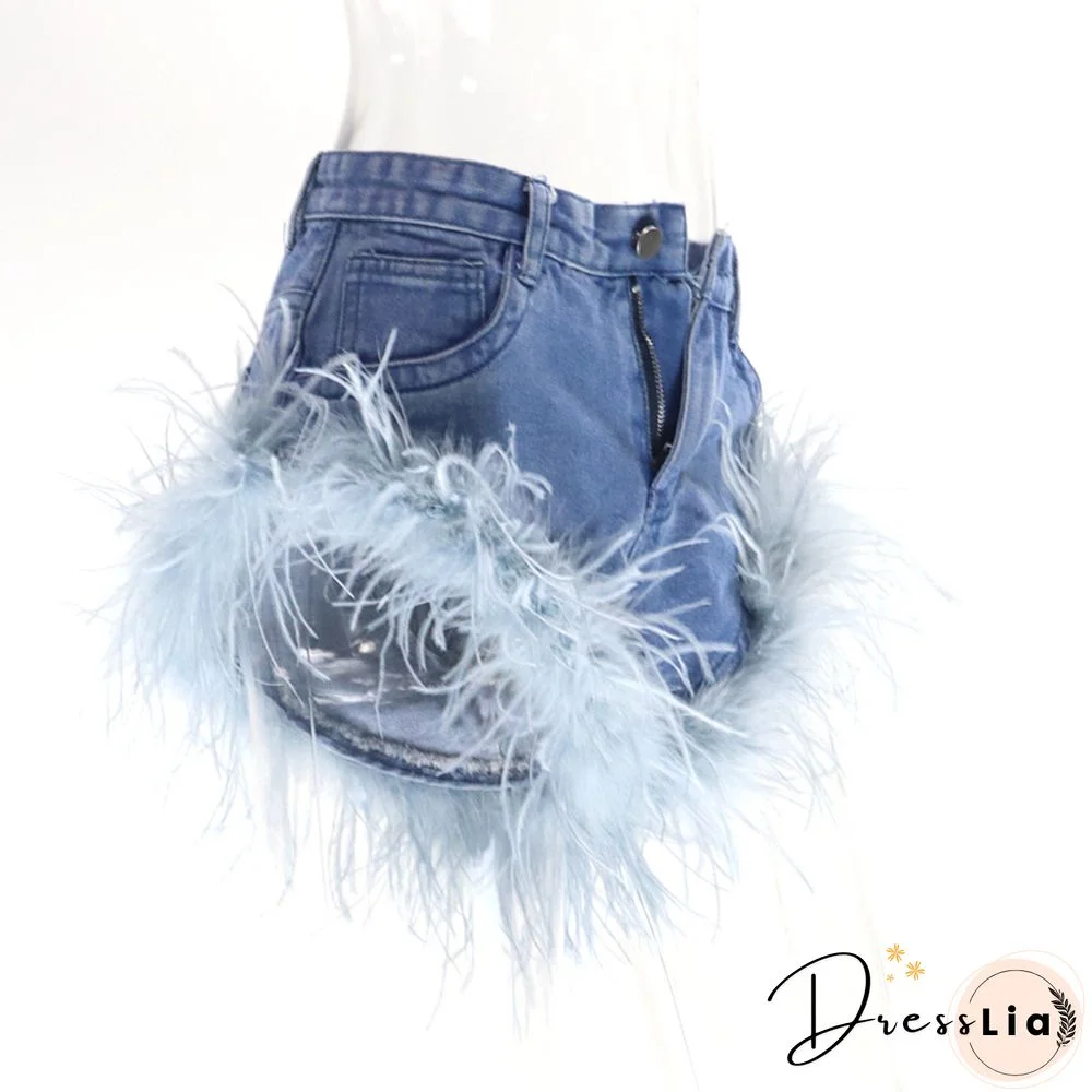 High Waist Feather Fur Patchwork Denim Shorts