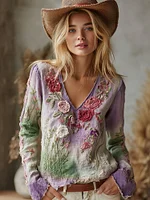 Love & Health Collection Retro Western Women Style Vintage Patchwork Rose And Floral Art Casual V Neck Linen Shirt - Image 7