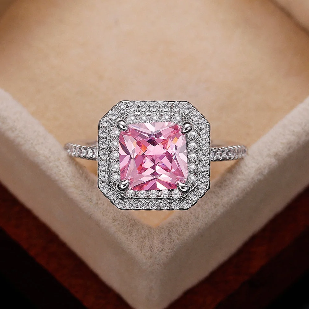 Huitan Luxury Princess Cut Pink CZ Ring Women Wedding Bands Accessories Aesthetic Anniversary Gift New Fashion Jewelry Party