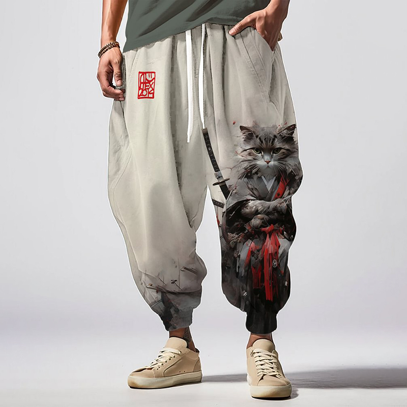 Comstylish Vintage Kimono Cat Warrior Japanese Art Print Pattern Casual Loose Drawstring Waist Sweatpants