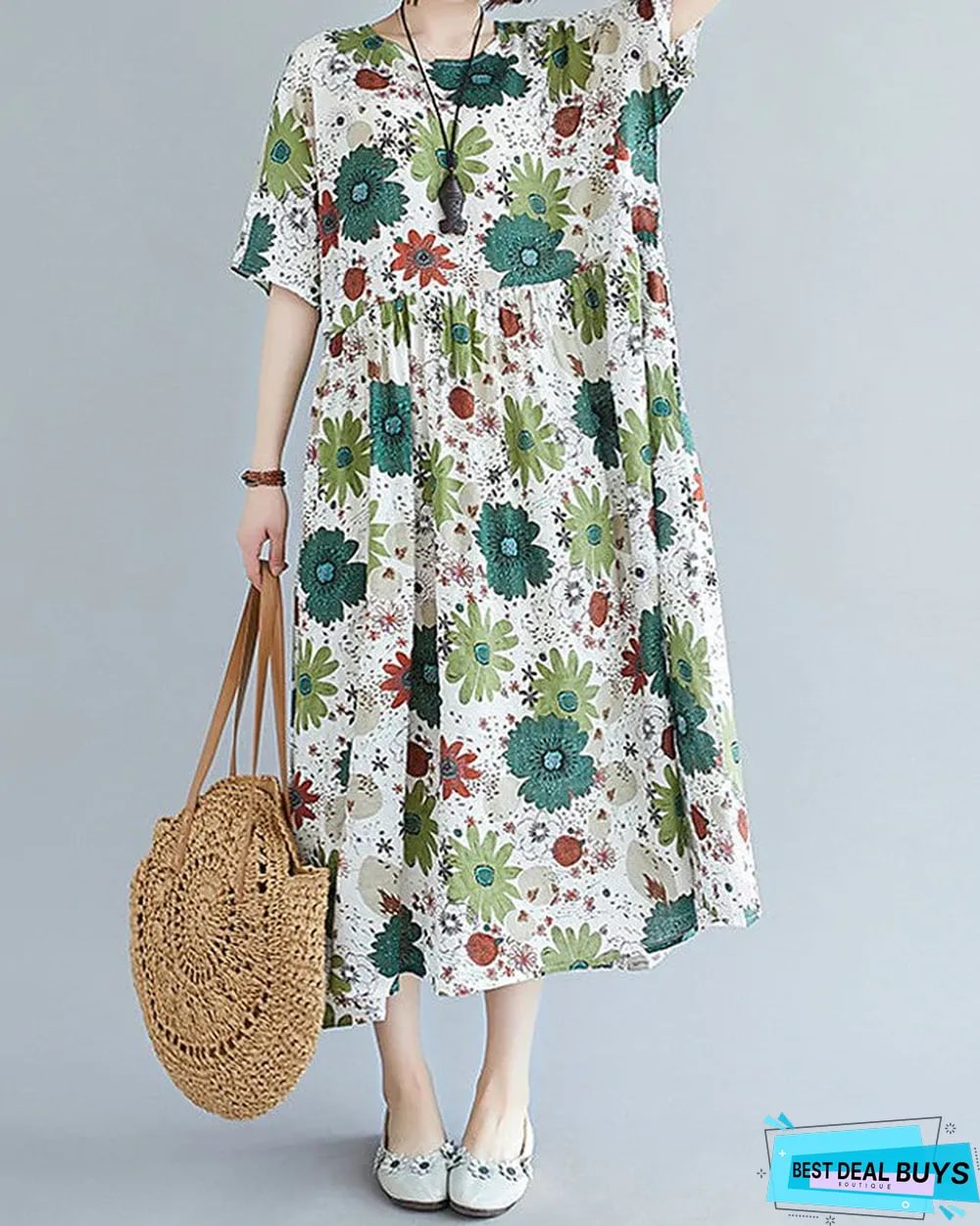 Womens Swing Dress Maxi Long Short Sleeve Floral Patchwork Print Summer Fall Elegant