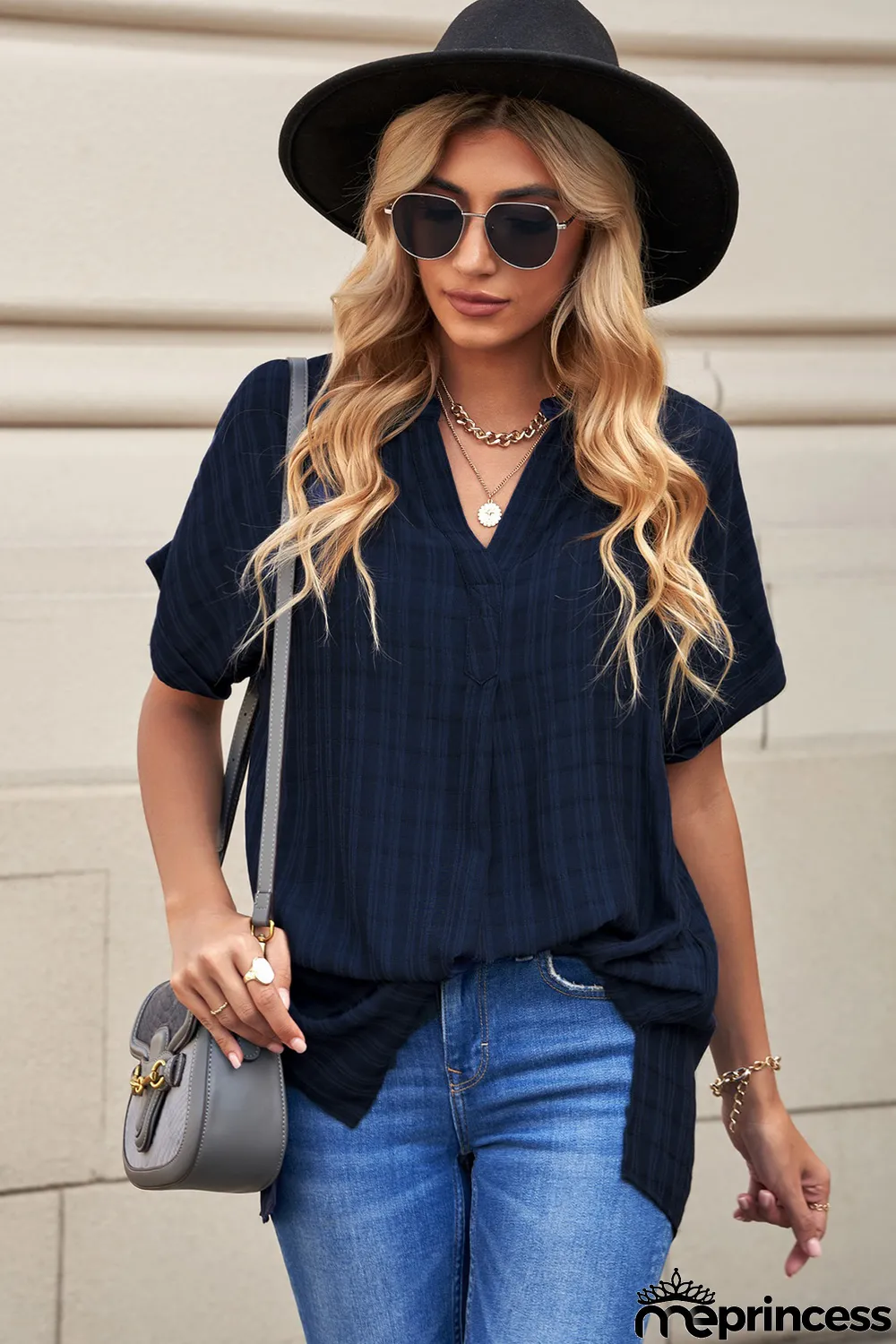 Navy Plaid Print Loose V Neck Short Sleeve Shirt with Slits