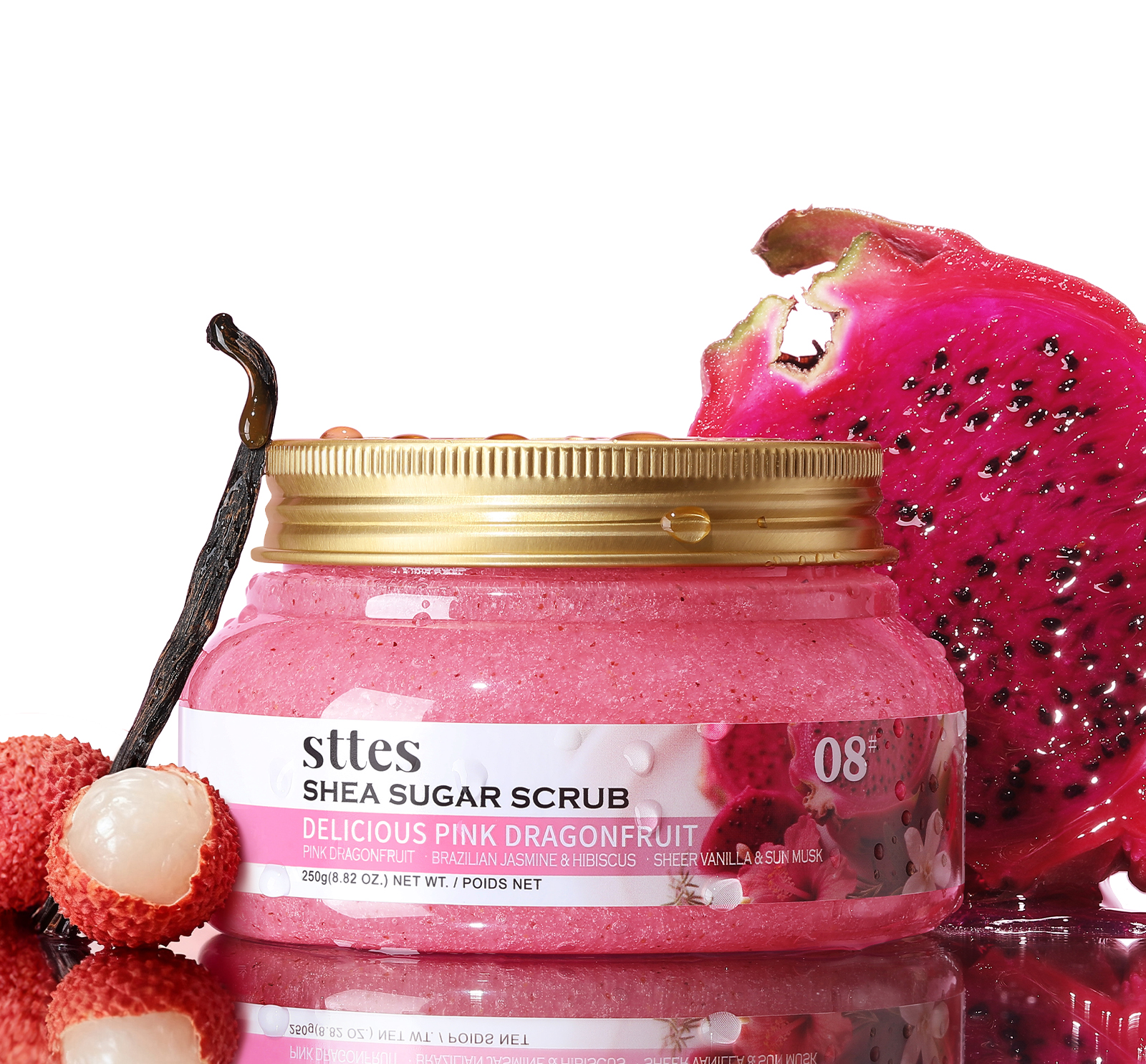 Sttes Shea Sugar Scrub 08# Delicious Pink Dragonfruit &ndash; Pink Dragonfruit, Brazilian Jasmine & Hibiscus, Sheer Vanilla & Sun Musk Scent &ndash; Deep Cleansing Moisturizing Silky Scrub 250g