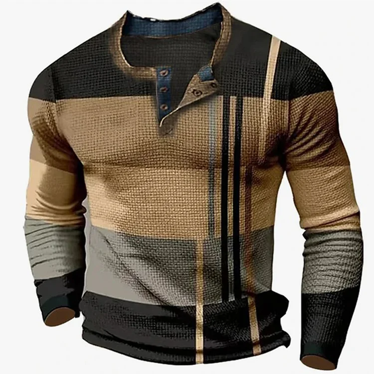 Casual Plaid Geo Half Placket Long Sleeve Polo Shirt