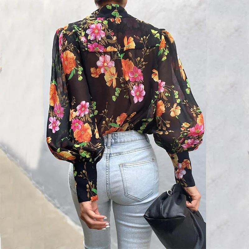 2021 Autumn Puff Sleeve Shirts Blouse Women Floral/Leopard Long Sleeve Lapel Buttons Vintage Shirts Elegant Blouses Tops Female