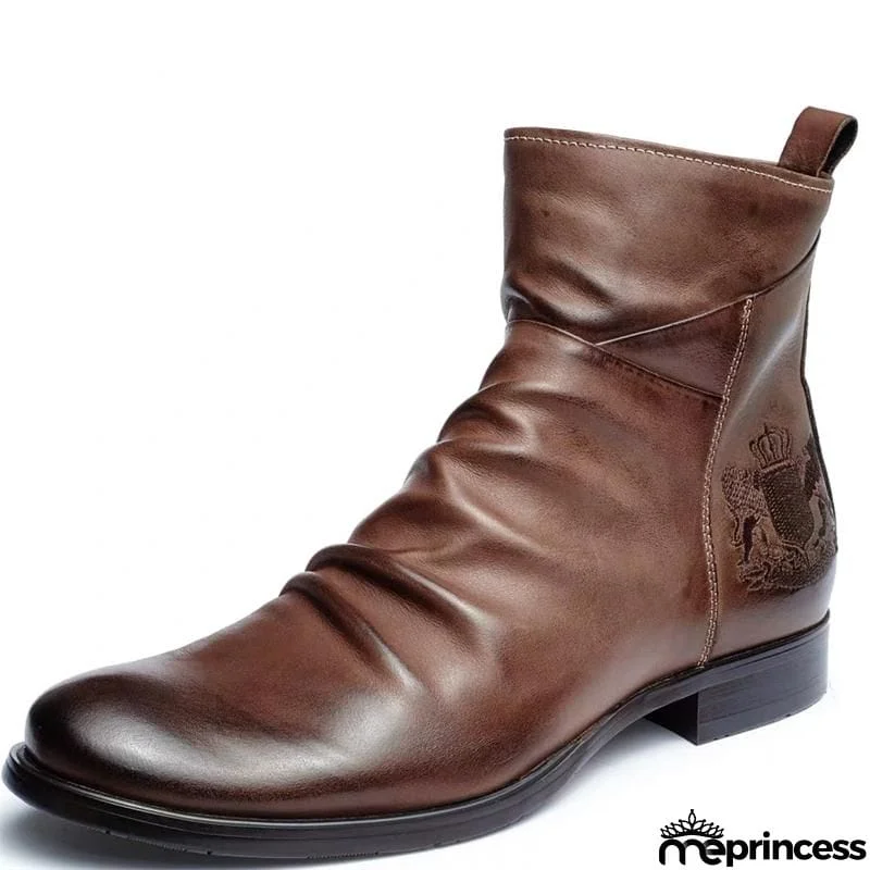 Fashion Side Zipper Plus Size Embroidery PU Boots For Men