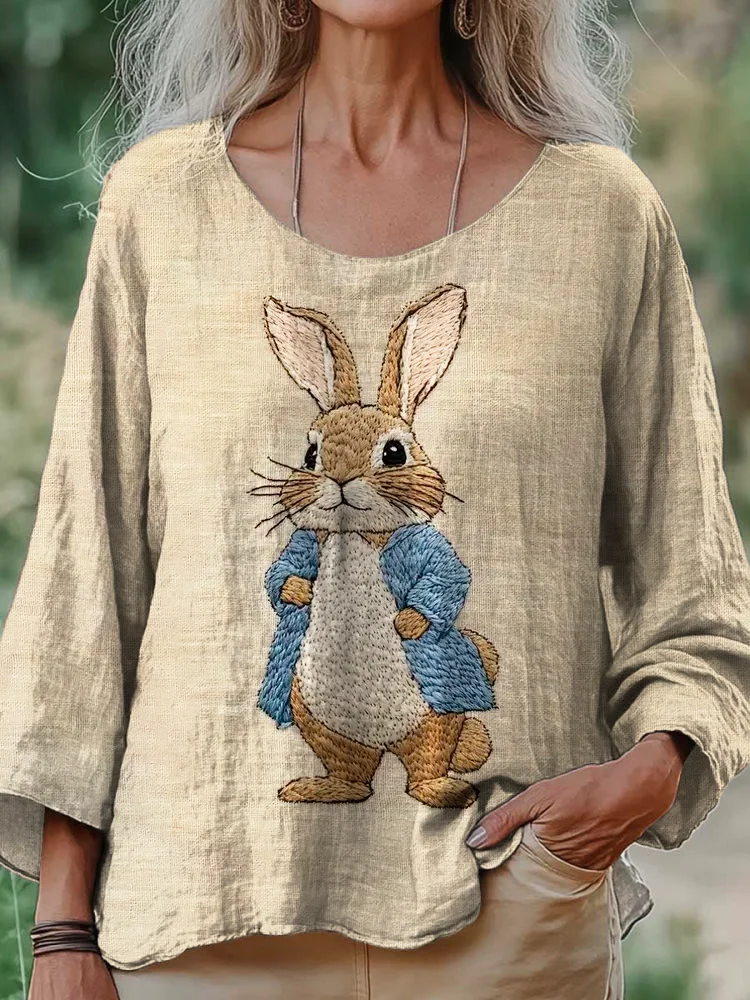 Lunivibe Rabbit Gentleman Animal Embroidery Women's Linen Loose Shirt