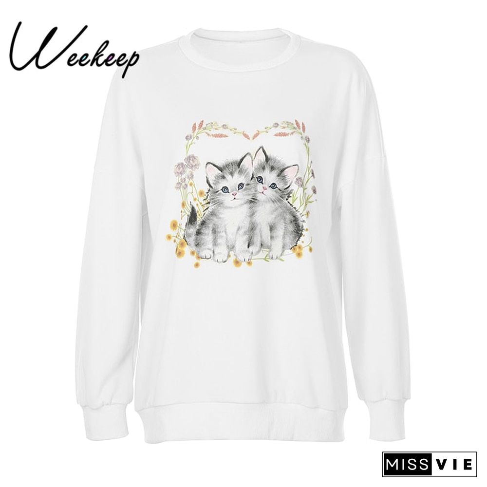 Weekeep Casual Oversized Sweatshirts Women Cute Cat Print Pullover Autumn Long Sleeve Loose Harajuku Streetwear Korean Aesthetic