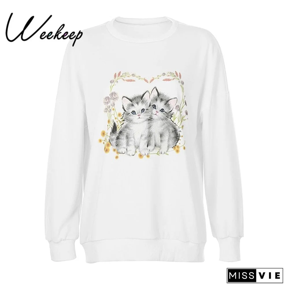 Weekeep Casual Oversized Sweatshirts Women Cute Cat Print Pullover Autumn Long Sleeve Loose Harajuku Streetwear Korean Aesthetic