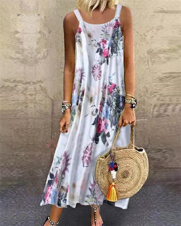 Floral Printed Sleeveless Spaghetti Summer Holiday Daily Fashion Maxi Dresses - Chicaggo