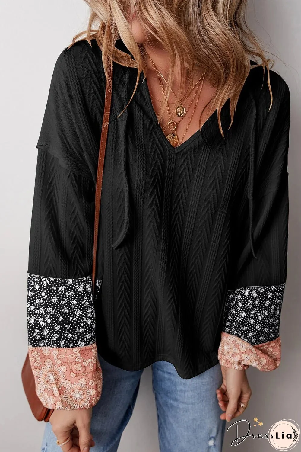 Black Floral Patchwork Textured Knit Drawstring V Neck Blouse