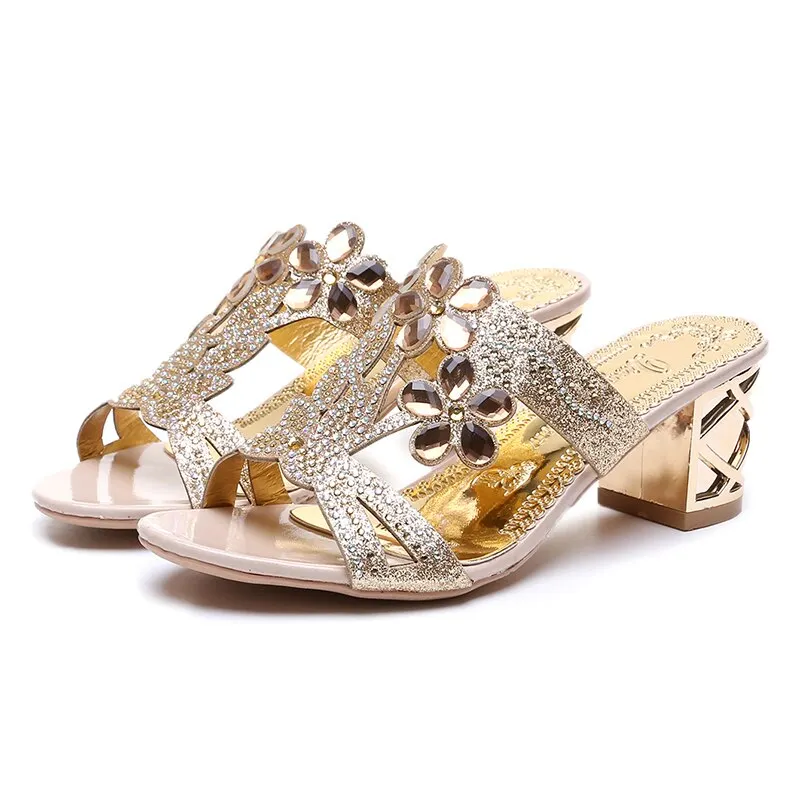 Lucyever Women Sandals Summer Open Toe Slippers Fashion Rhinestone Thick High-heeled Shoes Woman Bohemia Beach Flip Flops