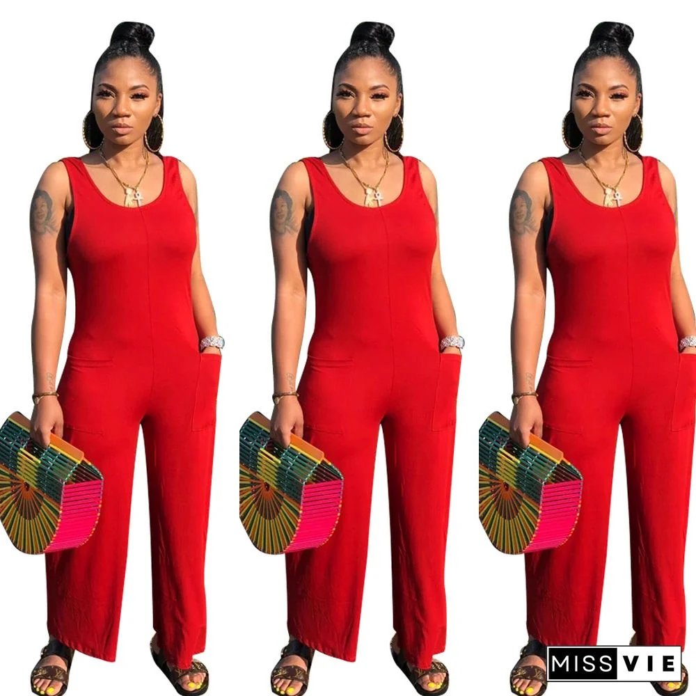 Round Neck Sleeveless Wide Leg Nightclub Women Jumpsuits