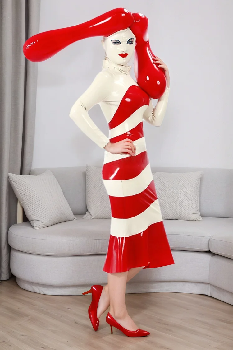 Women's Latex Gown - 'Bang Your Head' - Red & White Dress 