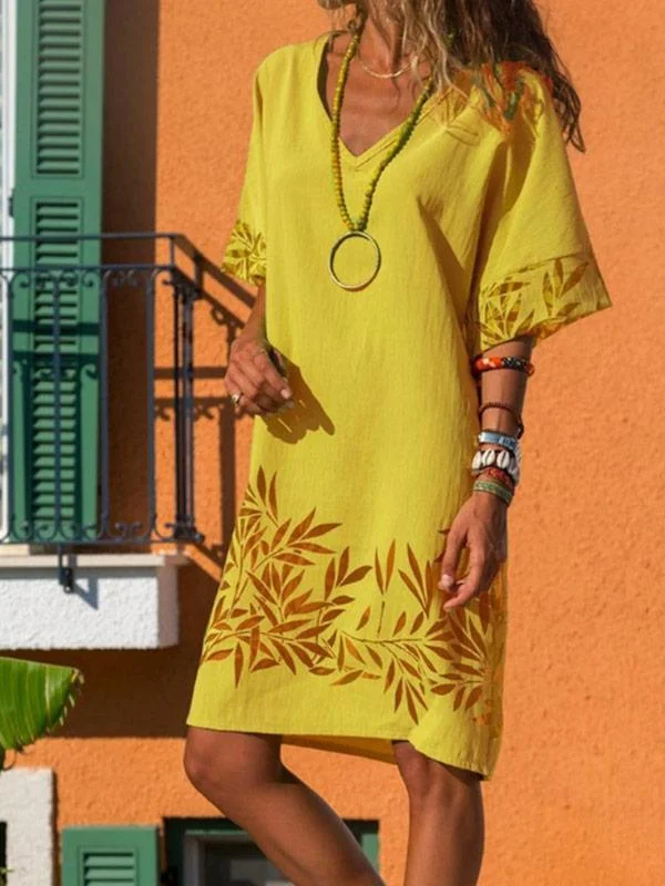 Women's loose and comfortable printed cotton and linen dress-Mayoulove