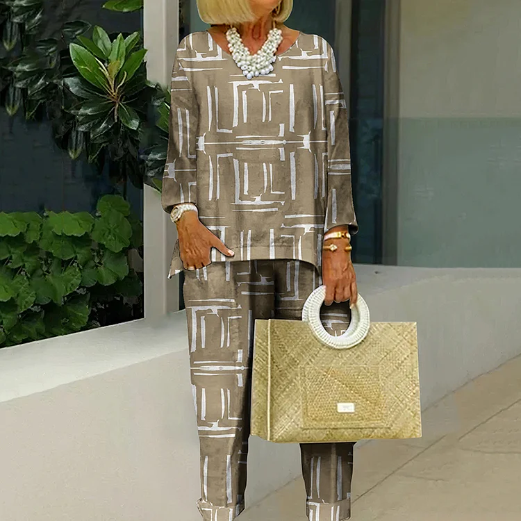 Geometric Stripe Print Casual Two Piece Set