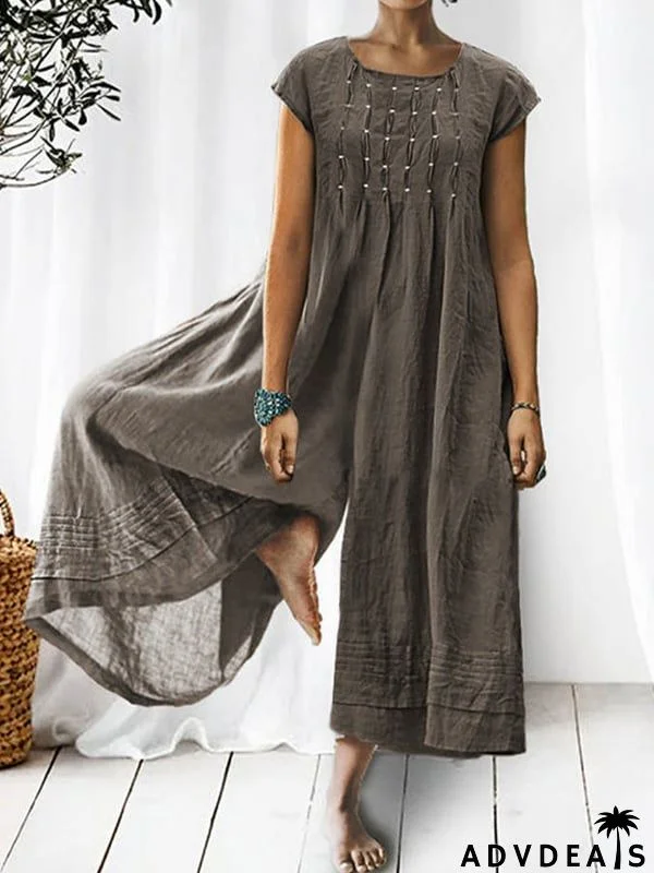 Casual Solid Color Short-Sleeved Jumpsuit