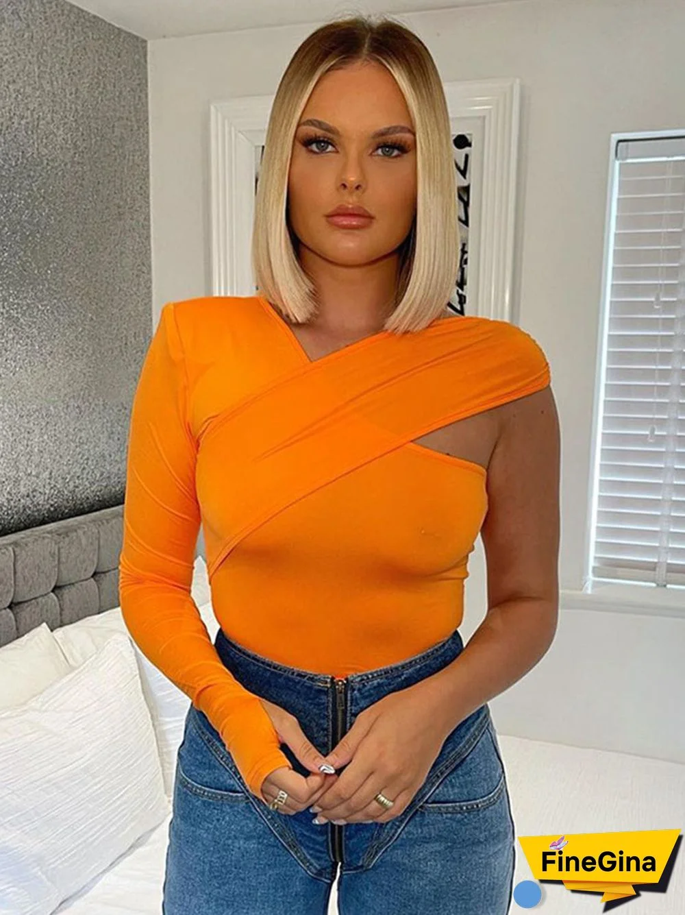 Asymmetrical V Neck One-shoulder Soild Women's T-shirts Slim Female Streetwear Crop Tops Autumn All-match Vinatge Tees