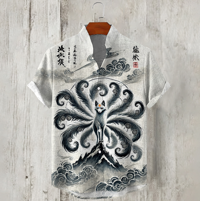 Men's Japanese Fox Art Printed Linen Blend Casual Shirt