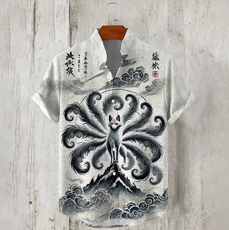 Men's Japanese Fox Art Printed Linen Blend Casual Shirt