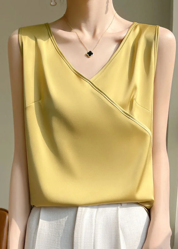 Brief Yellow V Neck Patchwork Silk Vest Sleeveless