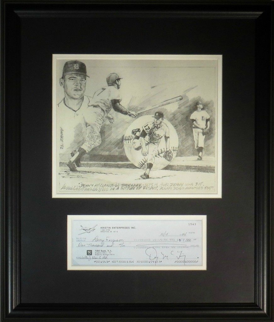 Denny McLain Signed Framed Authentic Autographed Check w/ Artist Print PSA/DNA