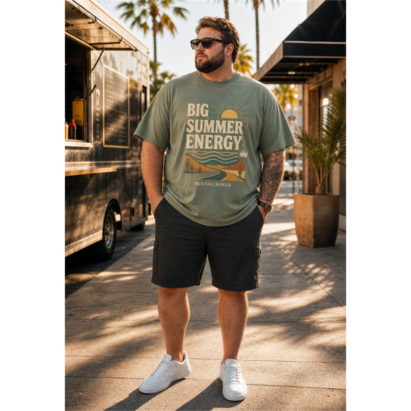 Men's Plus Size Built Bigger Beach Wave Print Short Sleeve T-Shirt and Shorts Set