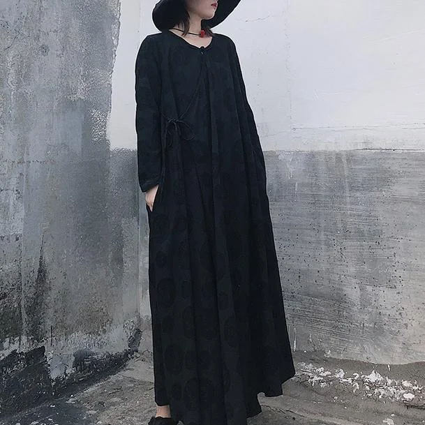 French Black Jacquard Clothes O Neck Tie Waist Long Spring Dress