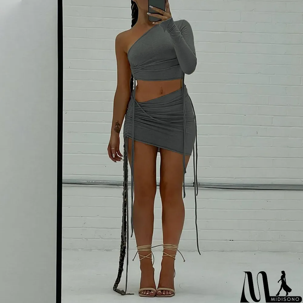 MidiSono - Women Fall One Shoulder Crop Top and Side Drawstring Skirt Two Piece Set