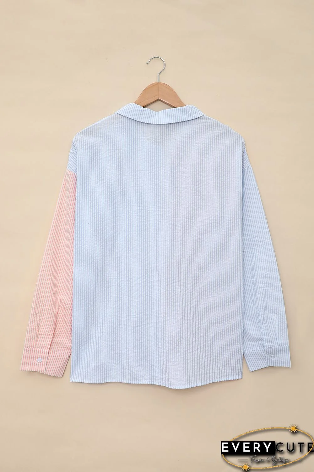 Pink Colorblock Ruffled Trim Pocket Striped Shirt