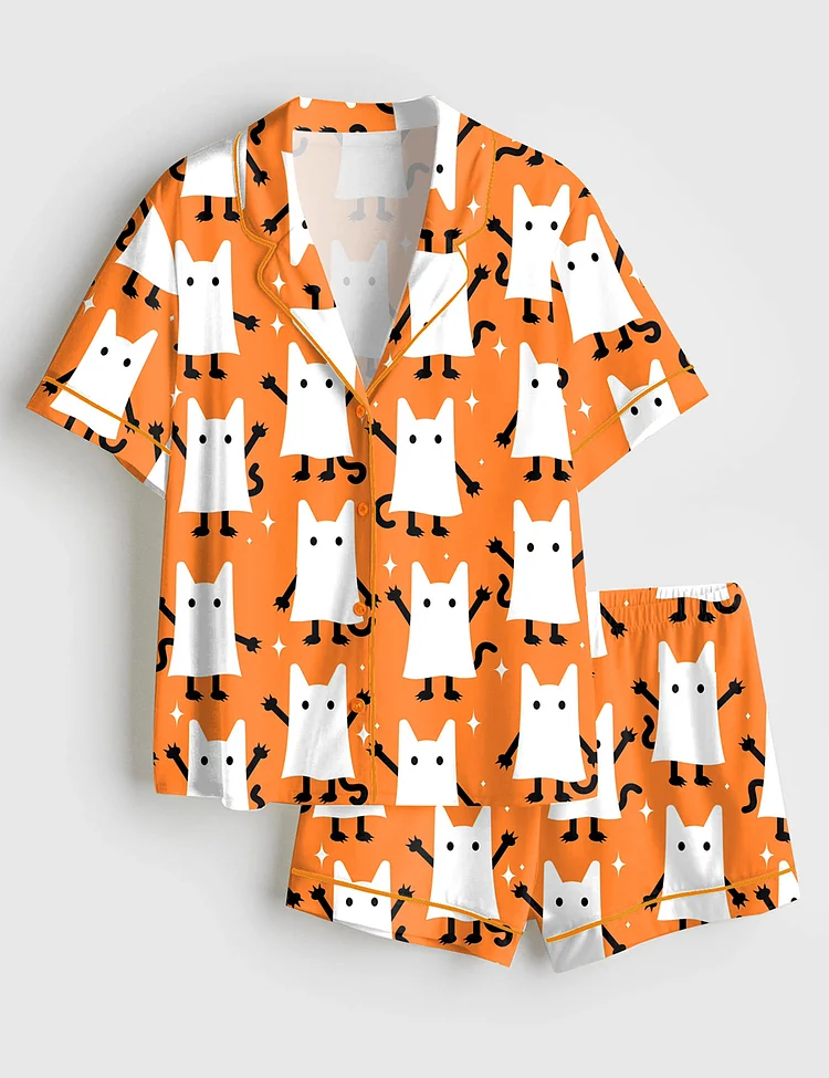 Women&rsquo;s Halloween Ghost Kittens Cat Short Sleeve Satin Pajama Set