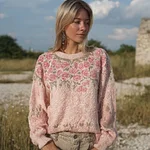 Vintage Boho Roses Pattern Round Neck Comfy Knit Sweater - Image 2