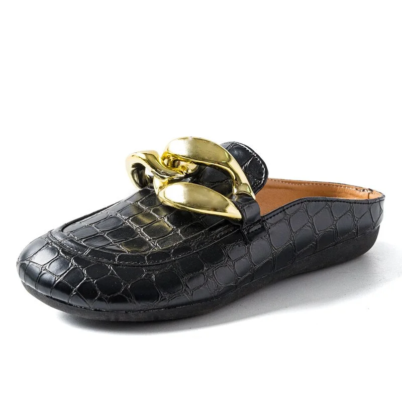 Summer Women Slipper Low Heels Casual Slides Flip Flop Round Toe New Arrival Brand Design Gold Chain Closed Slip On Shoes Mulles