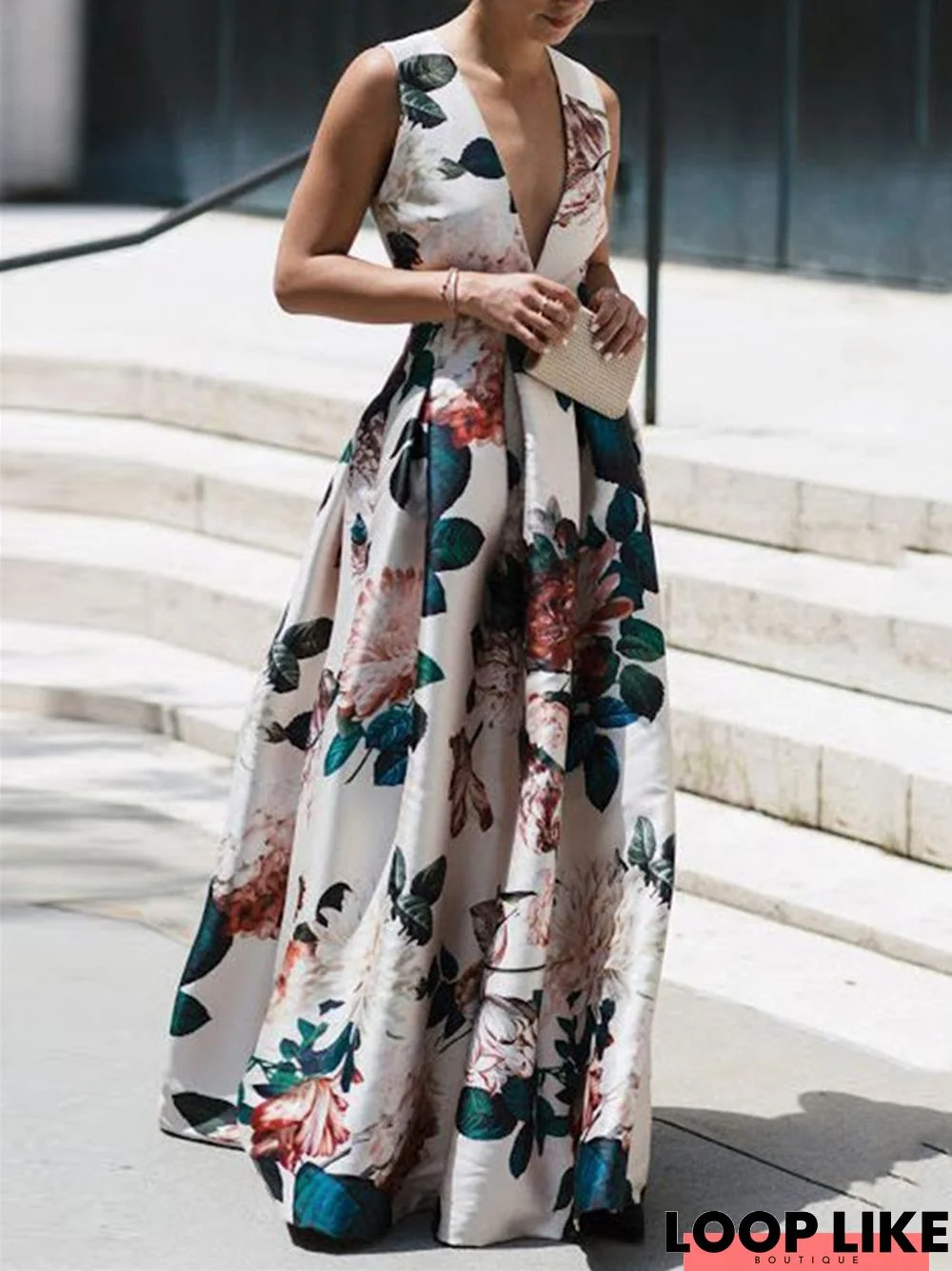 Printed V-Neck Vest Big Skirt Dress