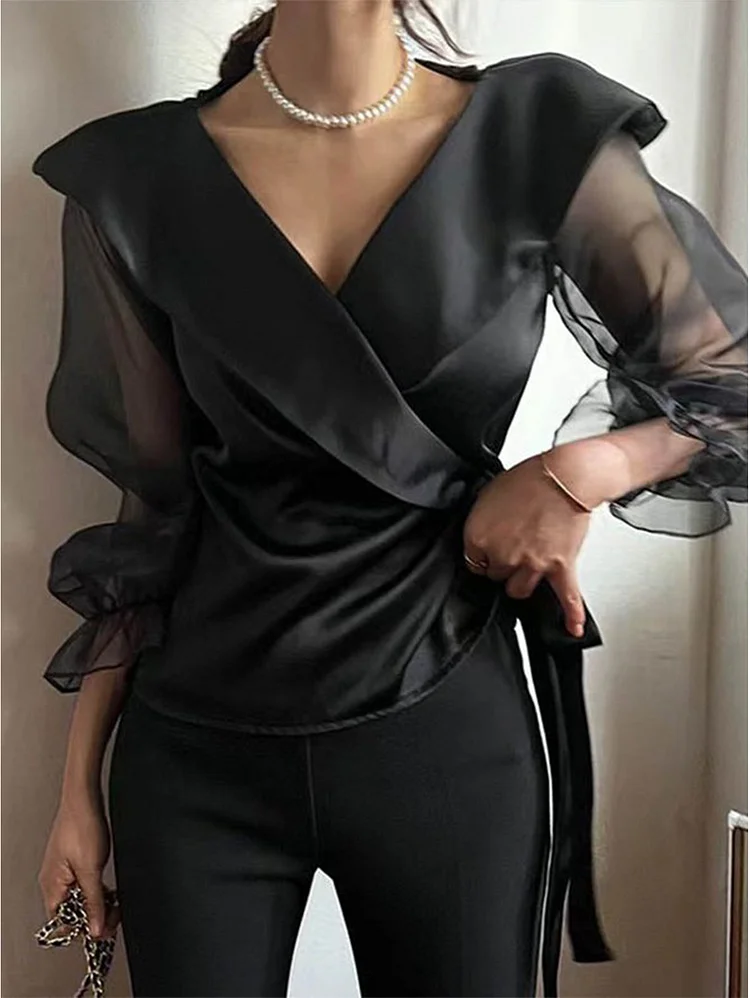 Elegant Plain Surplice Neck Long Sleeve Lace Up Blouse