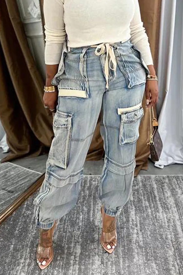 Women Patchwork Multi Pocket Washed Casual Jeans