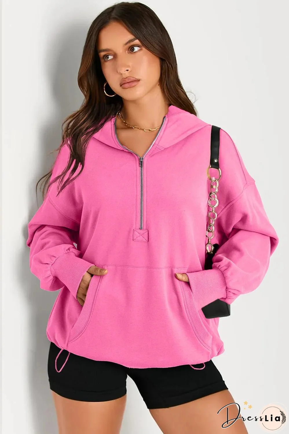 Bonbon Solid Kangaroo Pocket Half Zipper Oversized Hoodie
