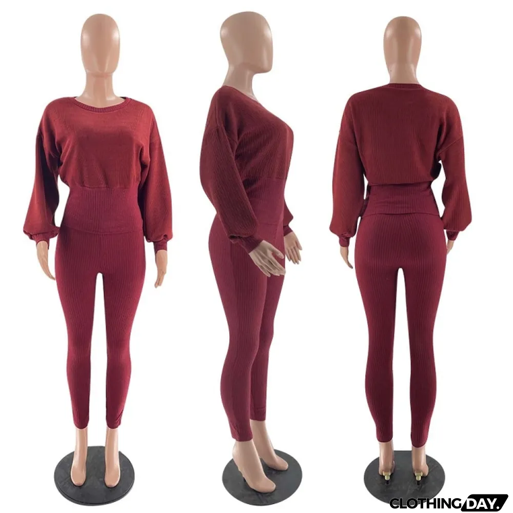 Winter Burgunry Knitting Top and Pants Casual Two Piece Set