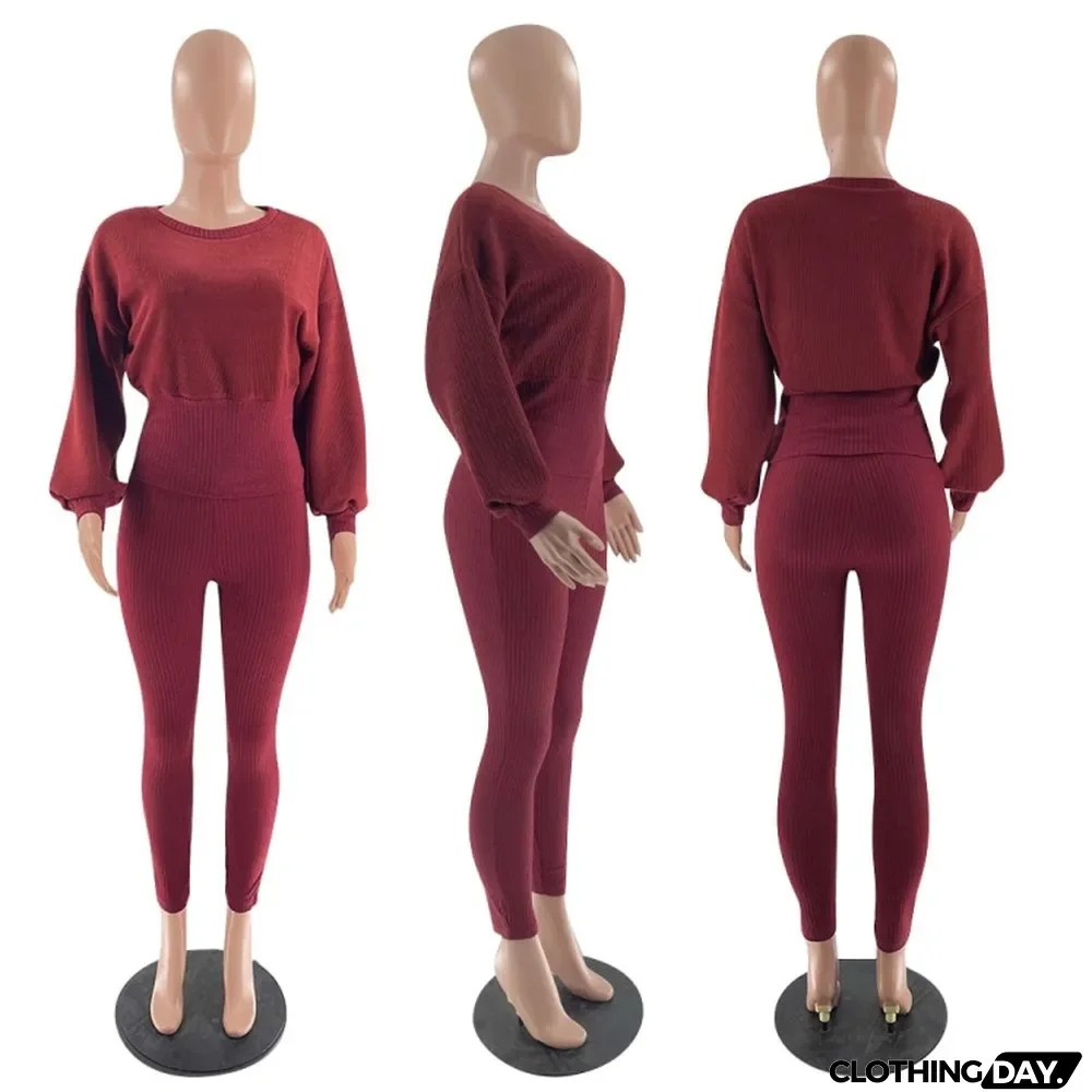 Winter Burgunry Knitting Top and Pants Casual Two Piece Set
