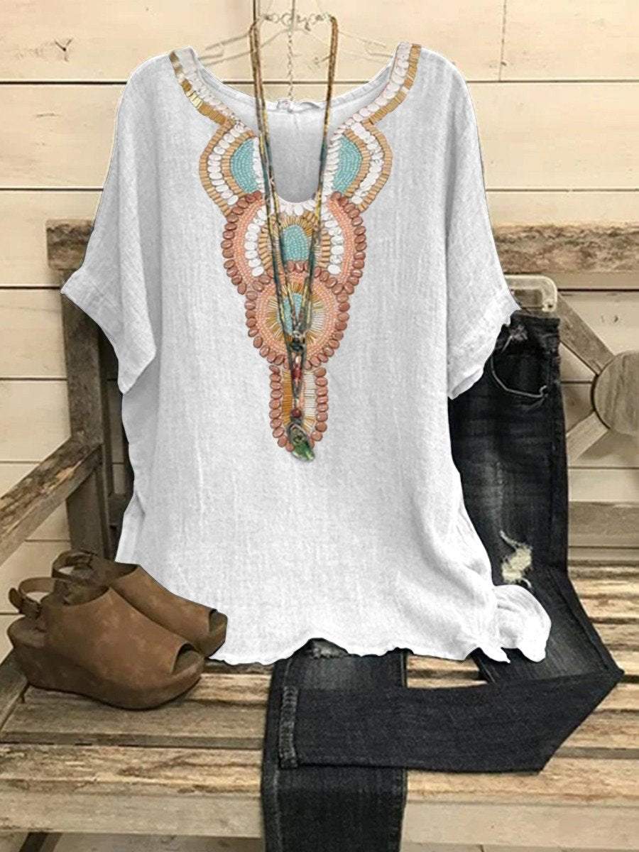 Women&rsquo;s Ethnic Art Neckline Design Casual Top Colorful / S